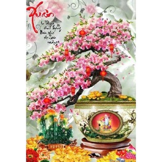 Tranh hoa mai hoa đào, tranh 3D dán tường in trên chất liệu vải lụa (shop tặng kèm keo dán)