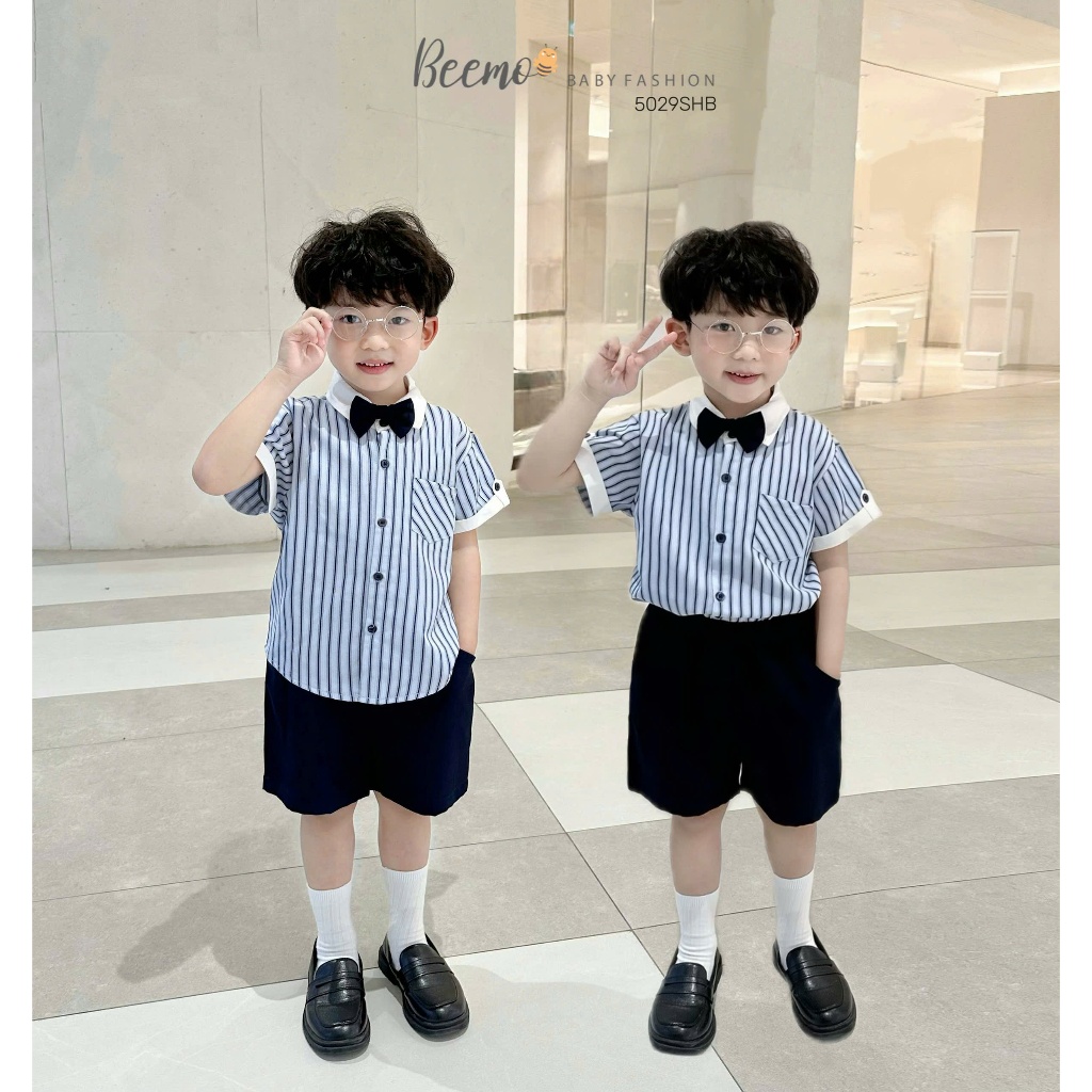 Set sơ mi hoạ tiết kẻ công tử kèm nơ, bộ sơ mi cộc tay kẻ cho bé trai