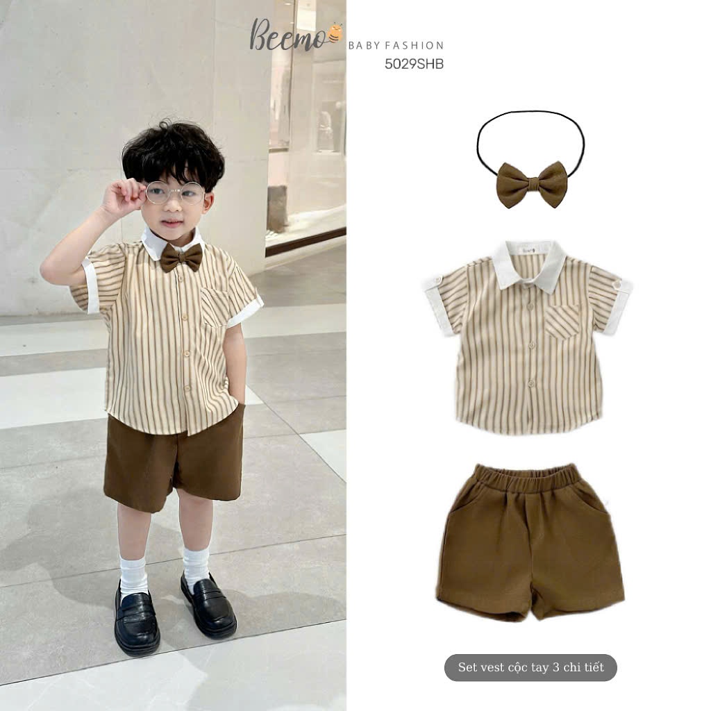 Set sơ mi hoạ tiết kẻ công tử kèm nơ, bộ sơ mi cộc tay kẻ cho bé trai