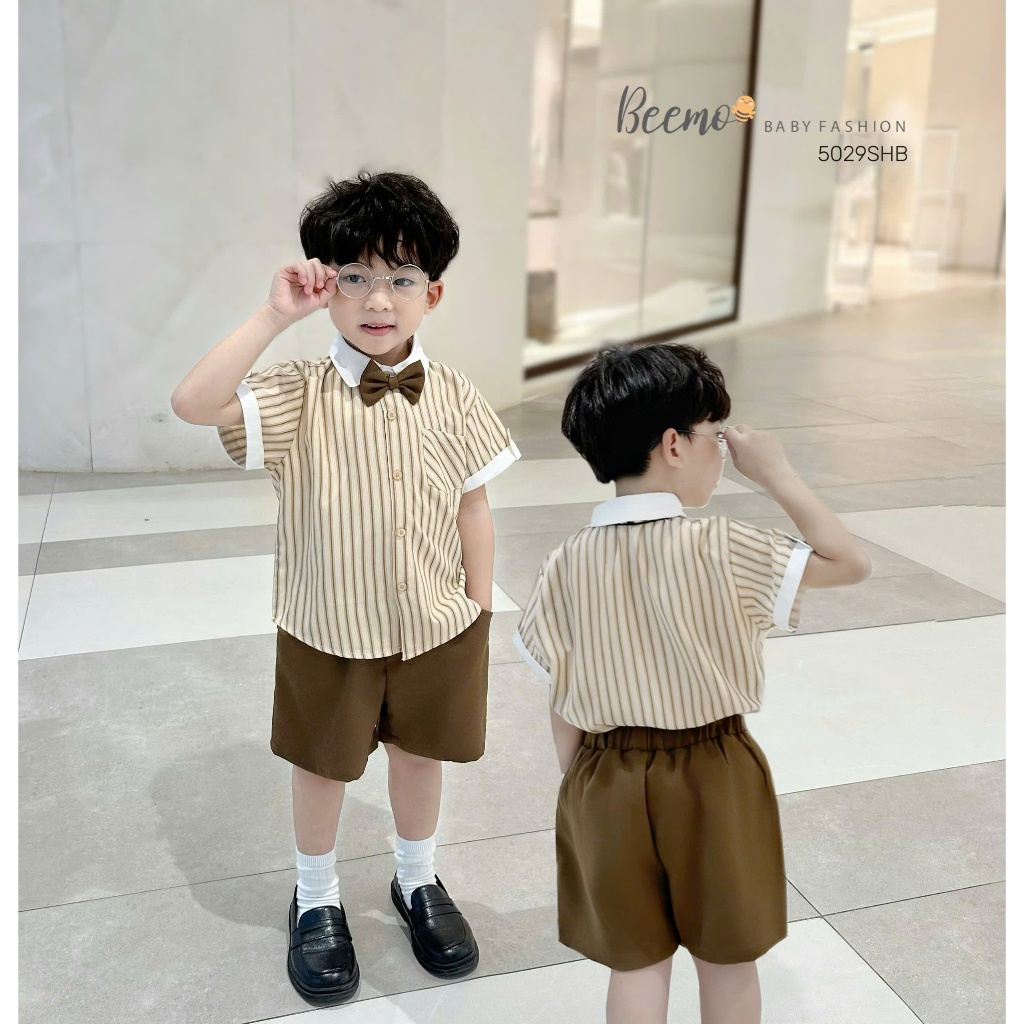 Set sơ mi hoạ tiết kẻ công tử kèm nơ, bộ sơ mi cộc tay kẻ cho bé trai
