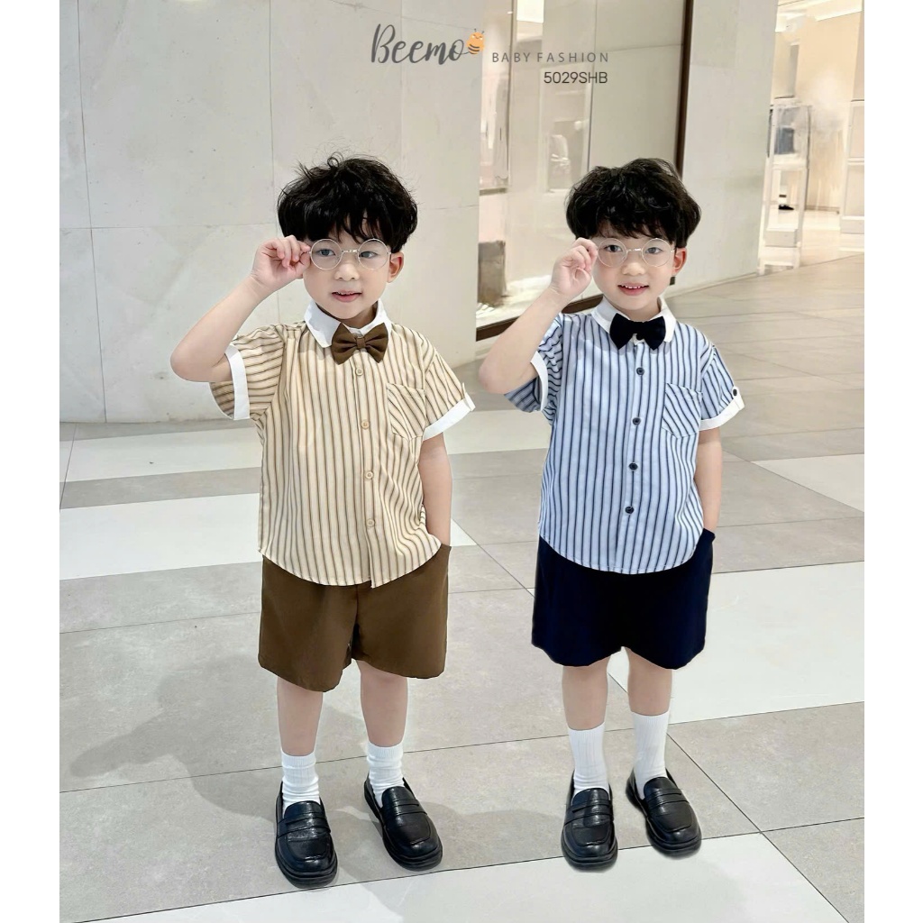 Set sơ mi hoạ tiết kẻ công tử kèm nơ, bộ sơ mi cộc tay kẻ cho bé trai