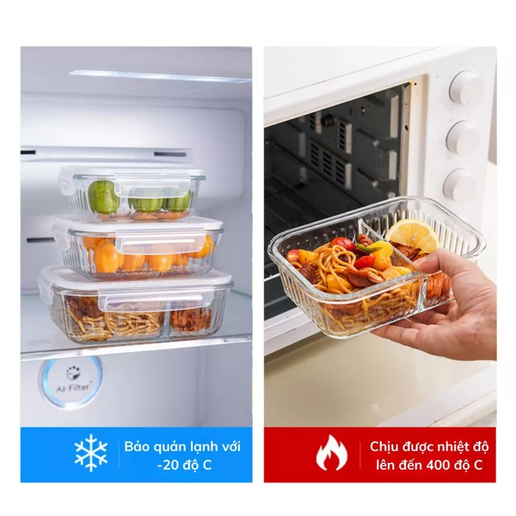 Hộp cơm thủy tinh cao cấp Uchan chống tràn dùng được cho lò vi sóng Hộp đựng thực phẩm SP09