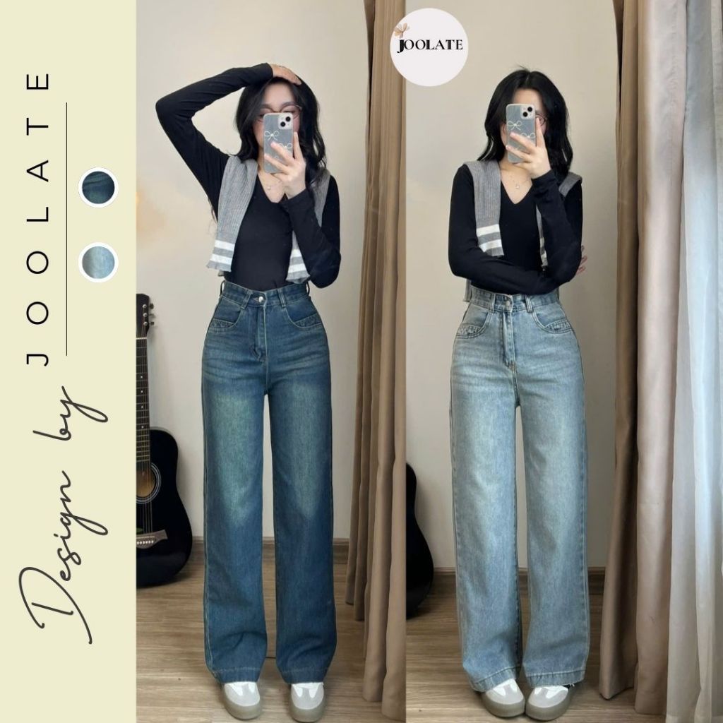 Quần jean nữ Joolate suông trơn denim basic ống đứng màu xanh mài nhẹ dáng basic Jeantron