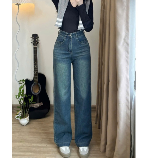 Quần jean nữ Joolate suông trơn denim basic ống đứng màu xanh mài nhẹ dáng basic Jeantron