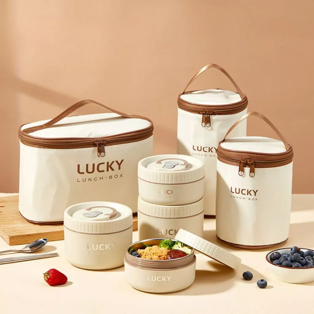 Hộp đựng cơm giữ nhiệt Lucky chống tràn Hộp cơm cặp lồng inox 304 chia ngăn SP02