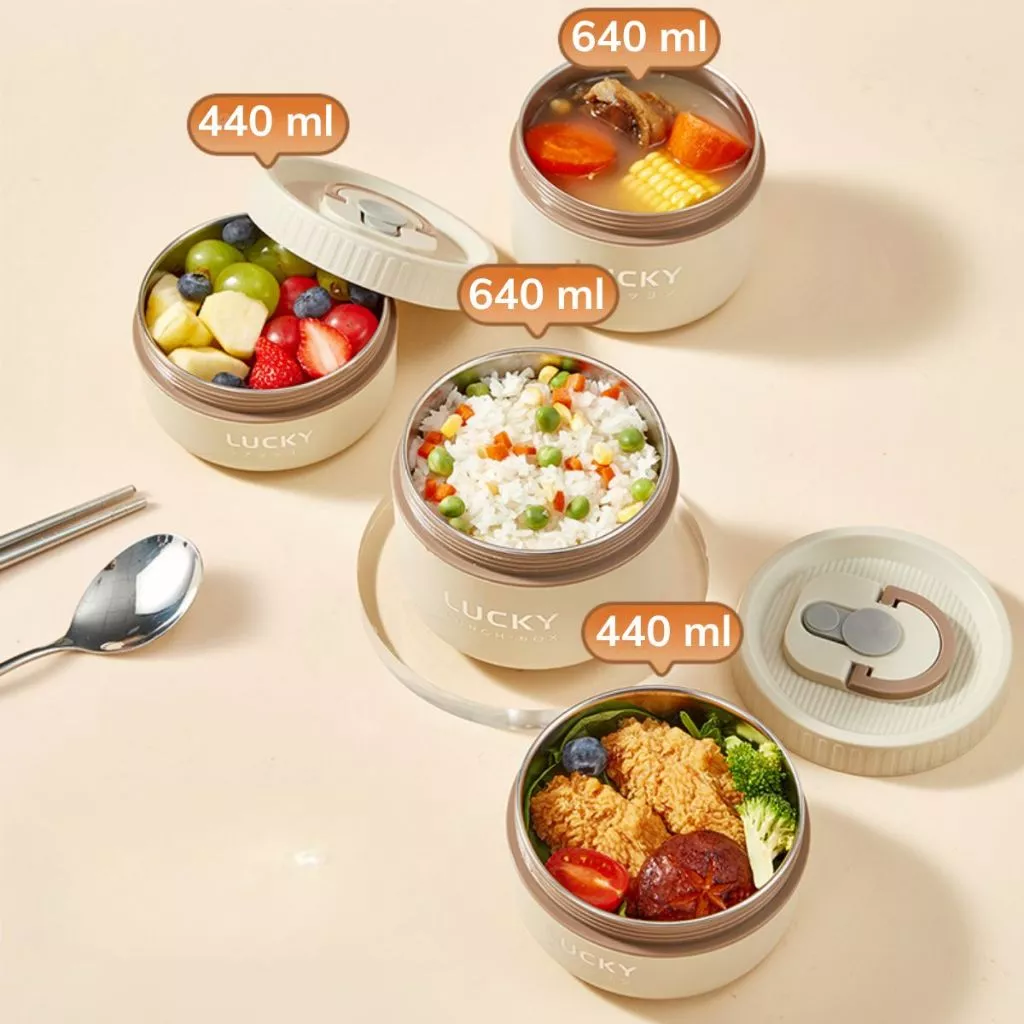 Hộp đựng cơm giữ nhiệt Lucky chống tràn Hộp cơm cặp lồng inox 304 chia ngăn SP02