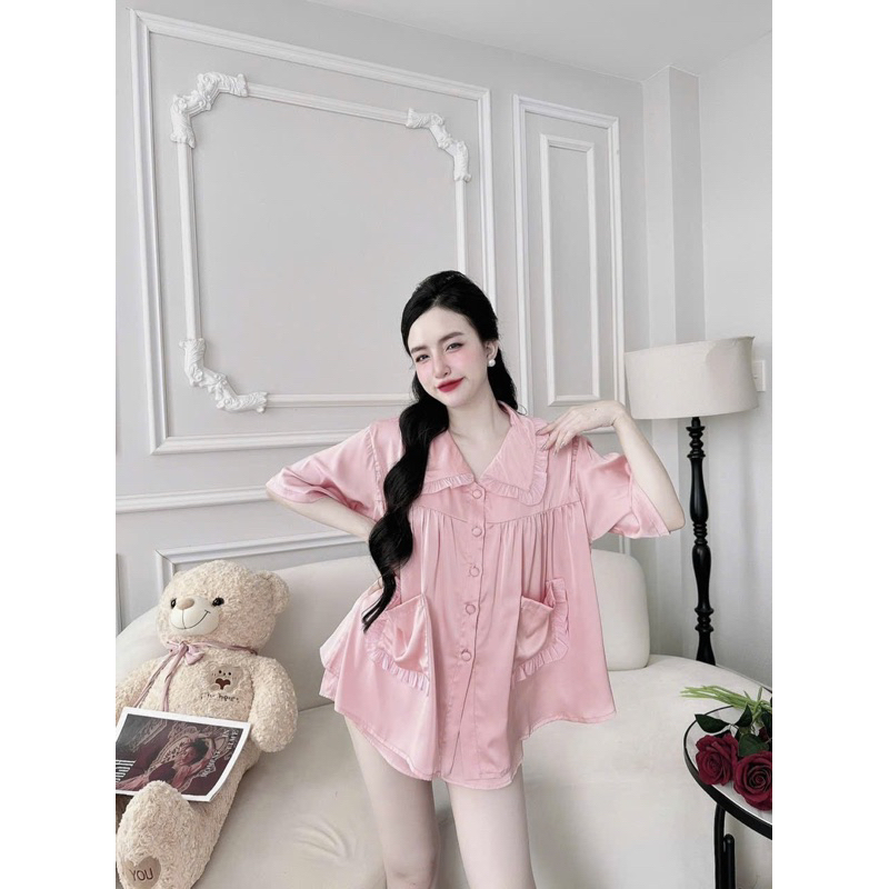 Bộ đùi tiểu thư cổ bèo baby doll 2 túi pijama dễ thương lụa latin