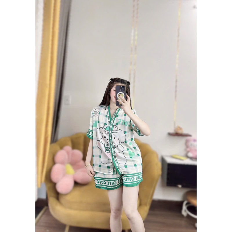 Bộ Đùi cổ V mặc nhà pijama chất lụa Latin mềm mịn