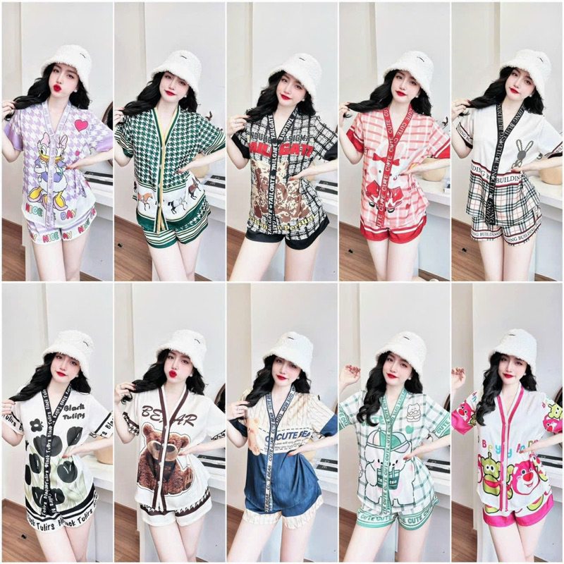 Bộ Đùi cổ V mặc nhà pijama chất lụa Latin mềm mịn