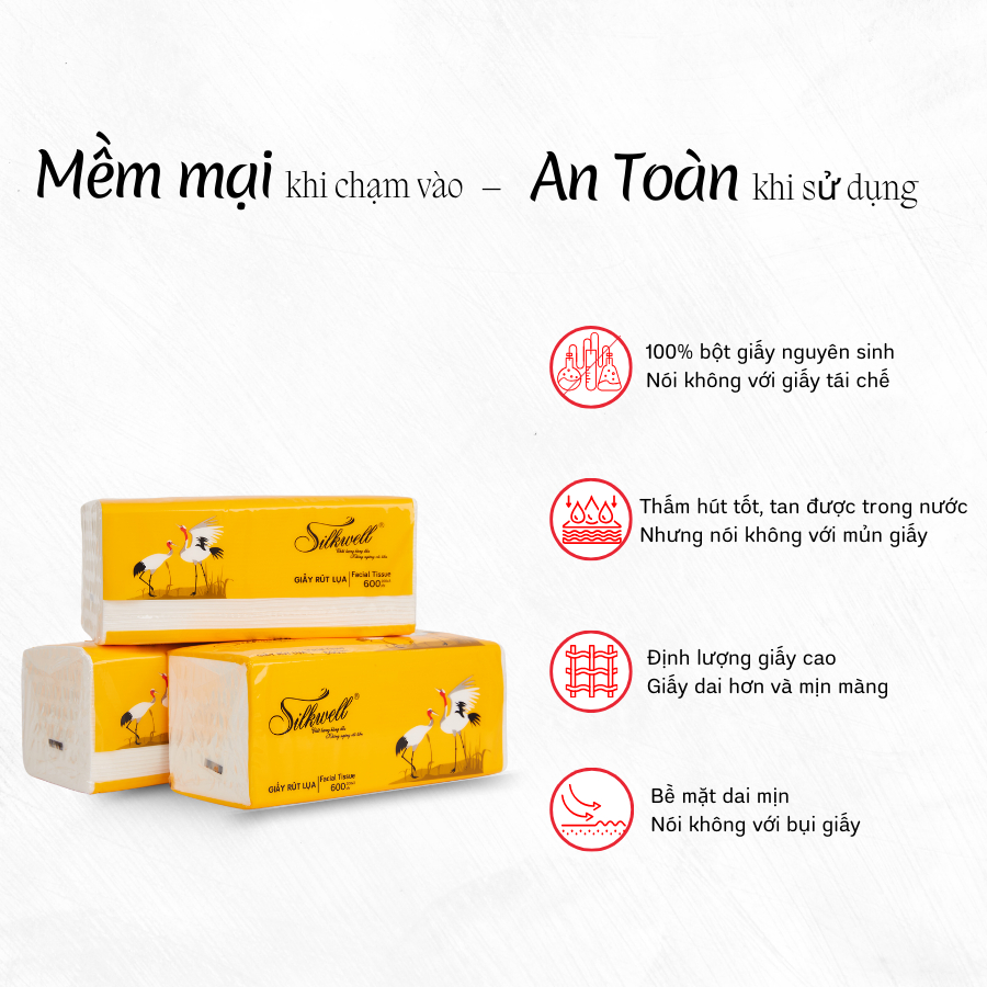 Thùng 9 gói Giấy ăn rút lụa Silkwell Sếu 200 tờ 3 lớp khổ lớn, siêu dai, siêu mềm mịn, không mủn giấy