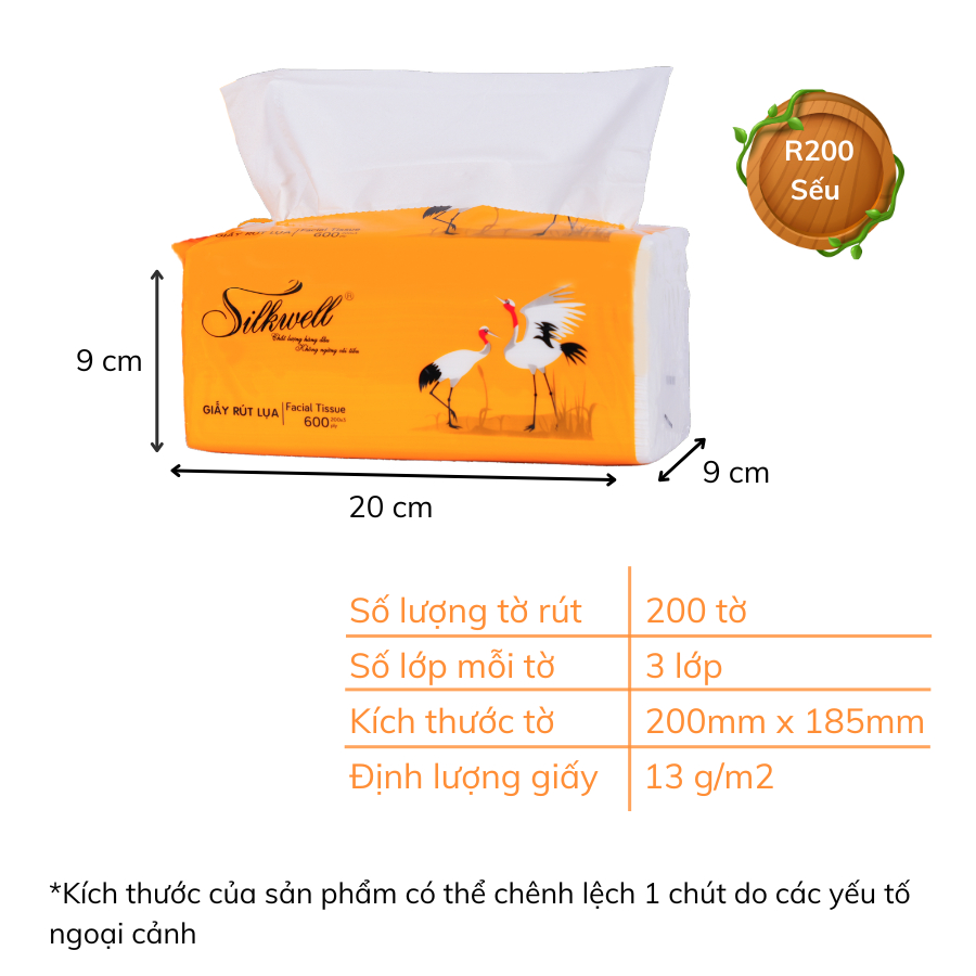 Thùng 9 gói Giấy ăn rút lụa Silkwell Sếu 200 tờ 3 lớp khổ lớn, siêu dai, siêu mềm mịn, không mủn giấy