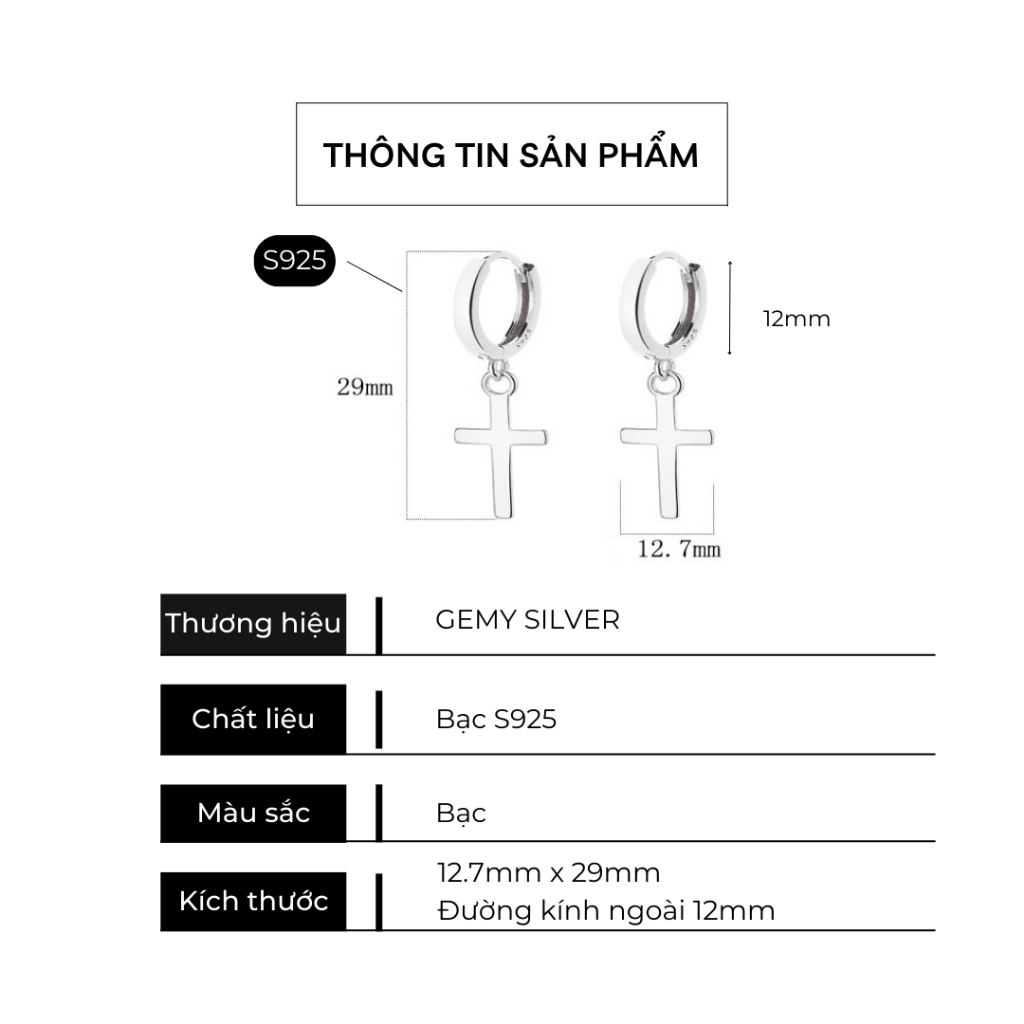Khuyên tai tròn nam bạc 925 thiết kế hình chữ thập thánh giá trơn unisex, cá tính (1 chiếc) KN127 | GEMY SILVER