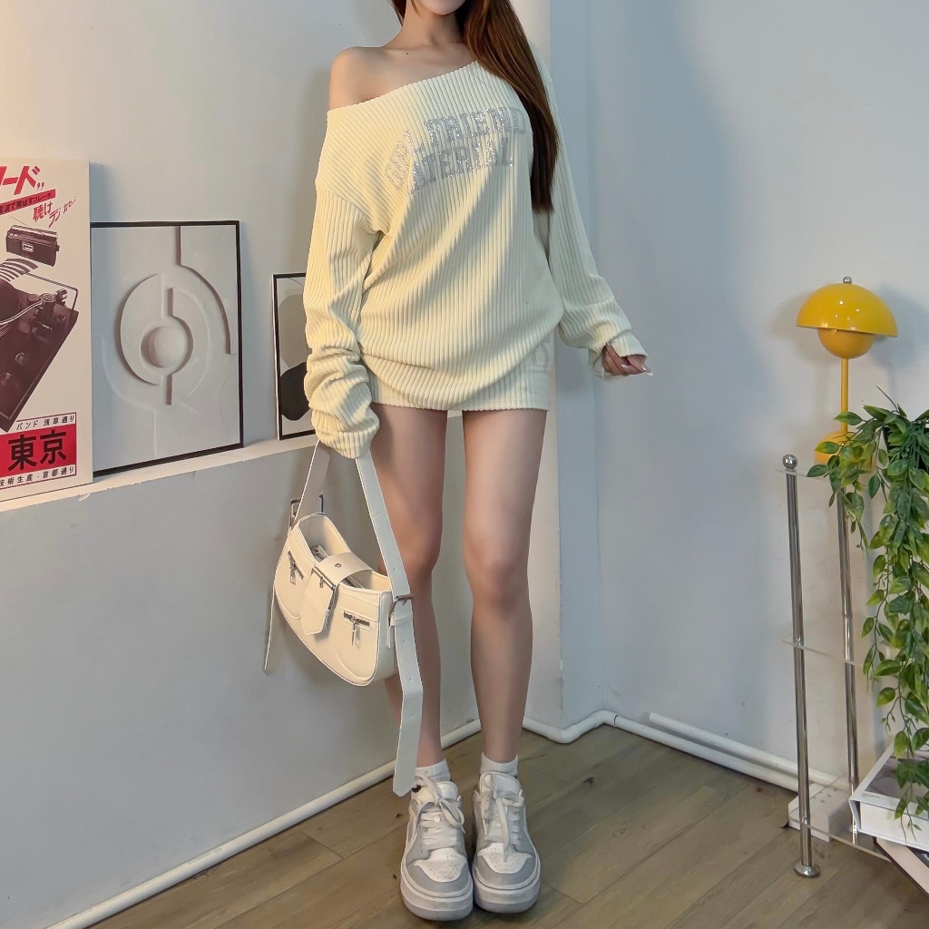 [ CÓ TÁCH SET ]SET SWEATER LEN LỆCH VAI KÈM CHÂN VÁY ĐÍNH ĐÁ GIRL FRIEND FF MIX