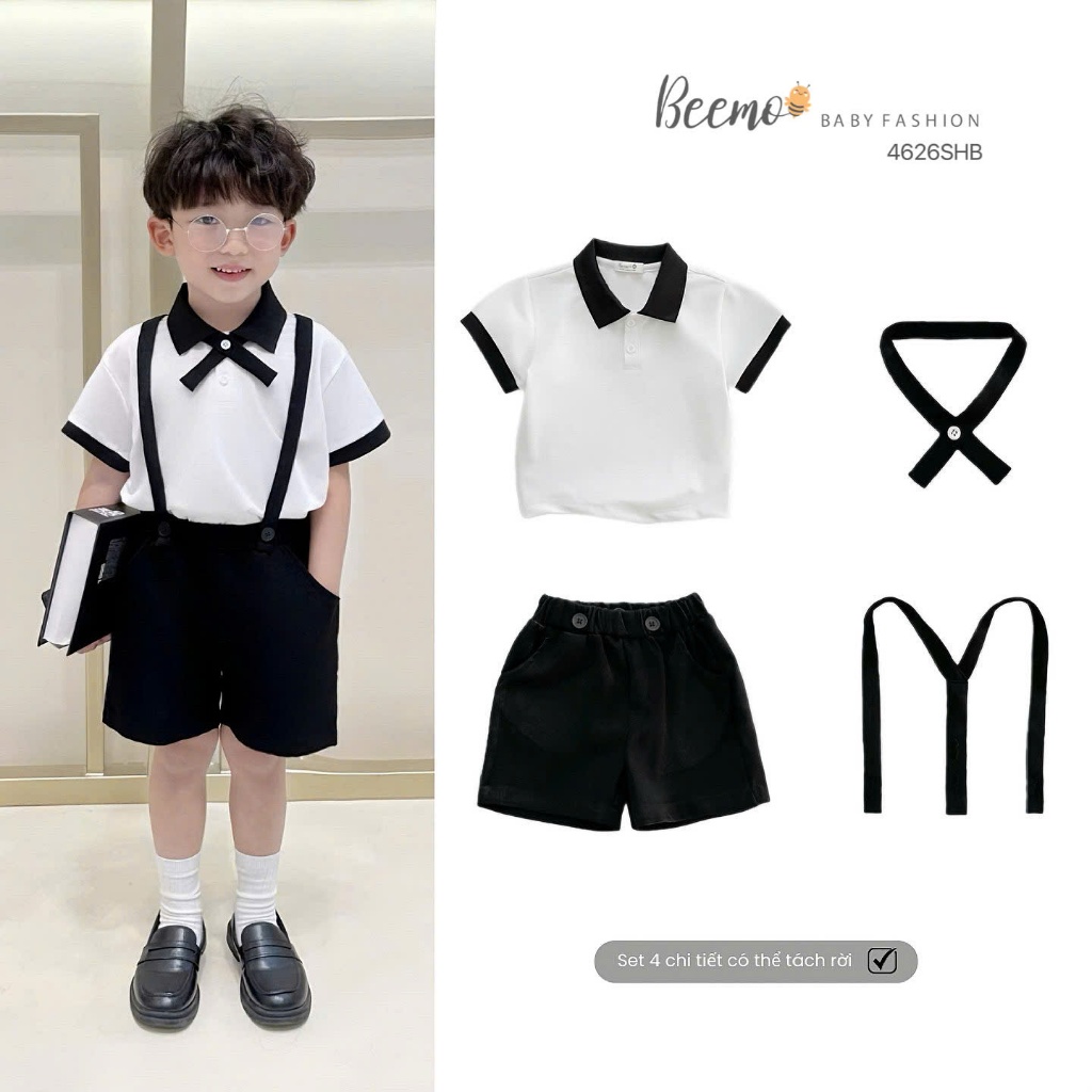 Bộ polo cộc tay phối đai và nơ cho bé trai, set bộ polo cá sấu trơn màu Beemo