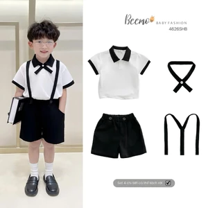 Bộ polo cộc tay phối đai và nơ cho bé trai, set bộ polo cá sấu trơn màu Beemo