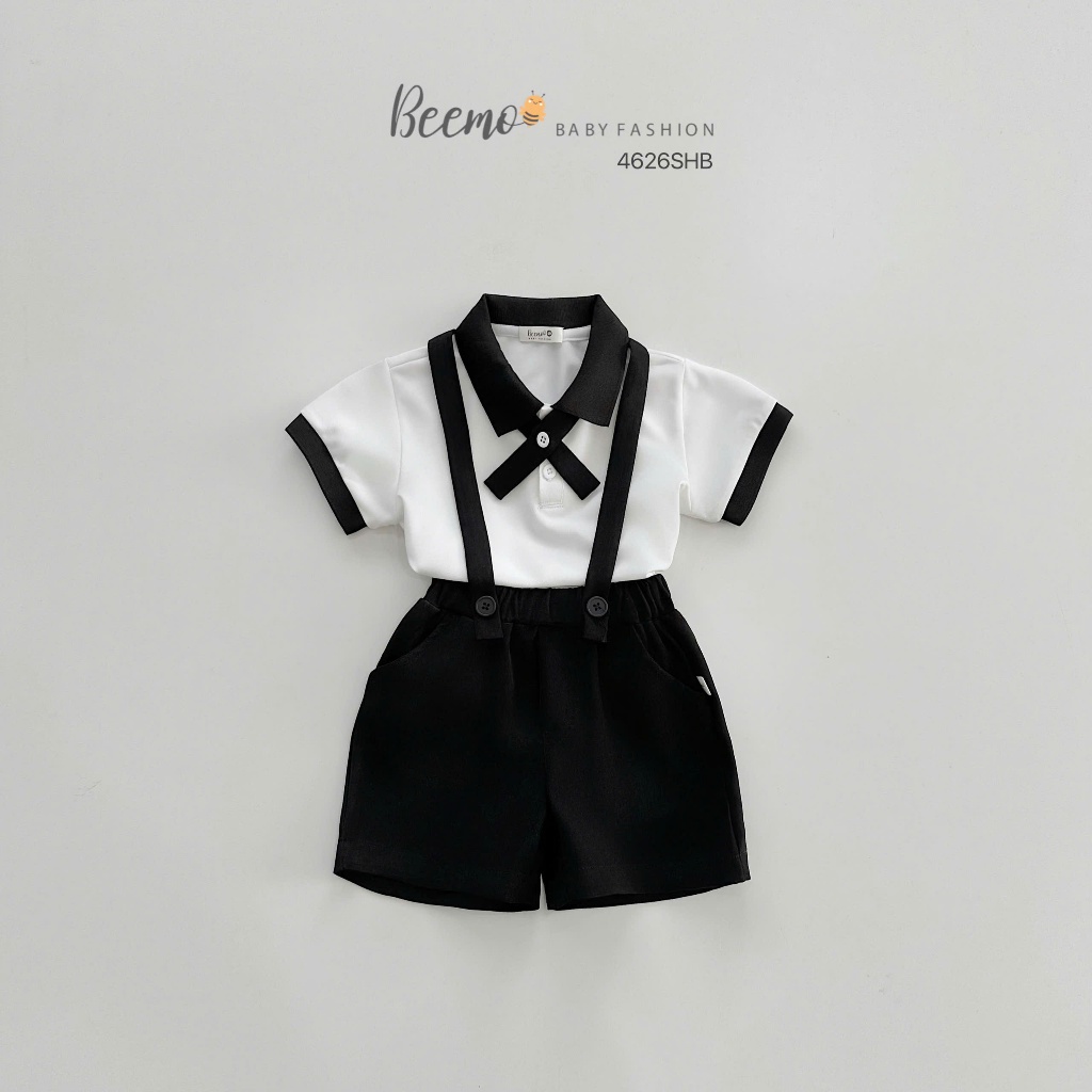 Bộ polo cộc tay phối đai và nơ cho bé trai, set bộ polo cá sấu trơn màu Beemo