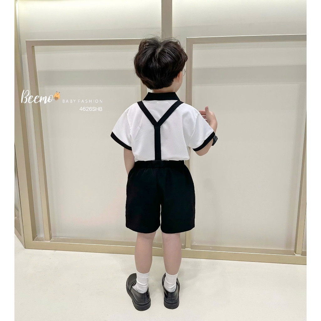 Bộ polo cộc tay phối đai và nơ cho bé trai, set bộ polo cá sấu trơn màu Beemo