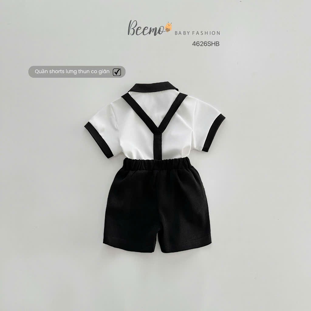 Bộ polo cộc tay phối đai và nơ cho bé trai, set bộ polo cá sấu trơn màu Beemo