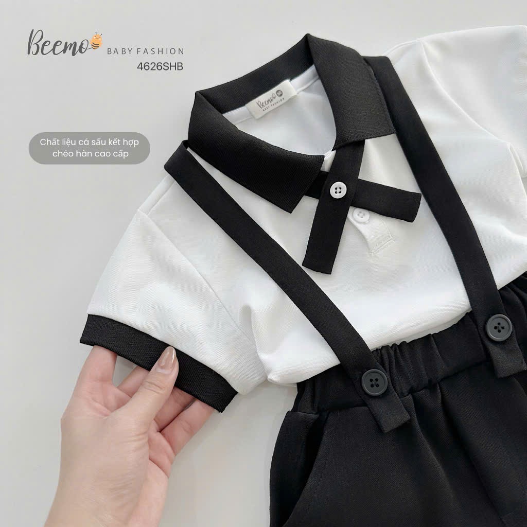 Bộ polo cộc tay phối đai và nơ cho bé trai, set bộ polo cá sấu trơn màu Beemo