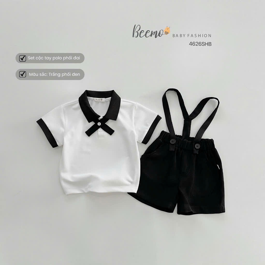 Bộ polo cộc tay phối đai và nơ cho bé trai, set bộ polo cá sấu trơn màu Beemo