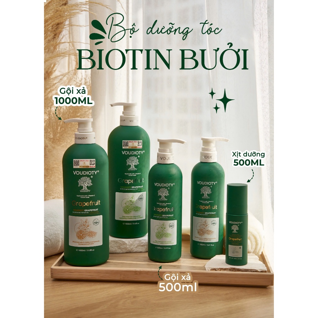 Cặp Dầu Gội Xả Bưởi Biotin Giúp giảm rụng, kích mọc tóc, phục hồi tóc hư tổn 500ml/1000ml