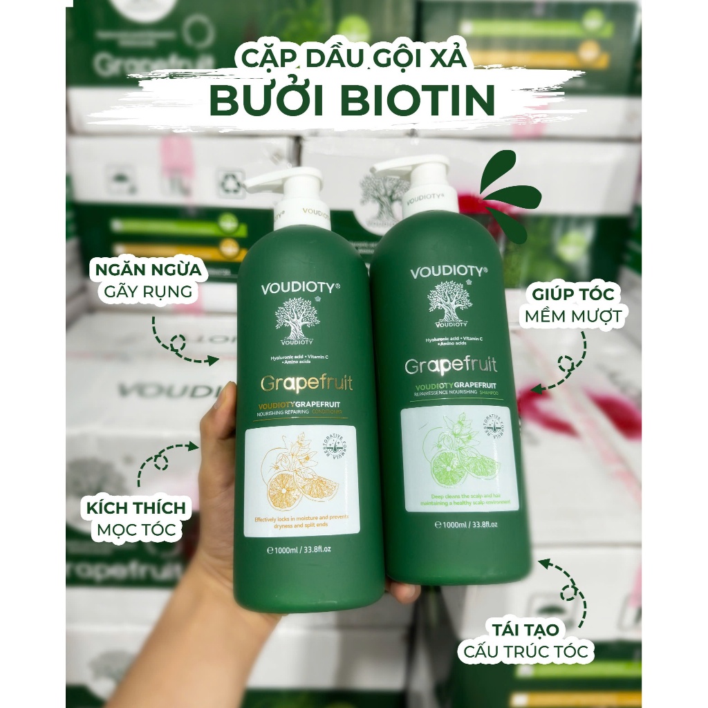 Cặp Dầu Gội Xả Bưởi Biotin Giúp giảm rụng, kích mọc tóc, phục hồi tóc hư tổn 500ml/1000ml