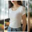Áo thun Lụa Ren Vai Cổ Chữ U Tay Ngắn Nữ Mùa Hè ,Đáy Áo Sơ Mi Co Giãn ( datthustore - MS67 )