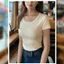 Áo thun Lụa Ren Vai Cổ Chữ U Tay Ngắn Nữ Mùa Hè ,Đáy Áo Sơ Mi Co Giãn ( datthustore - MS67 )