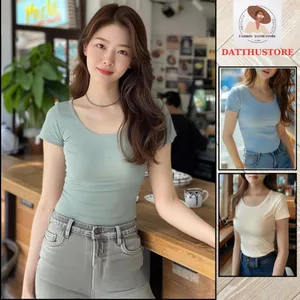 Áo thun Lụa Ren Vai Cổ Chữ U Tay Ngắn Nữ Mùa Hè ,Đáy Áo Sơ Mi Co Giãn ( datthustore - MS67 )