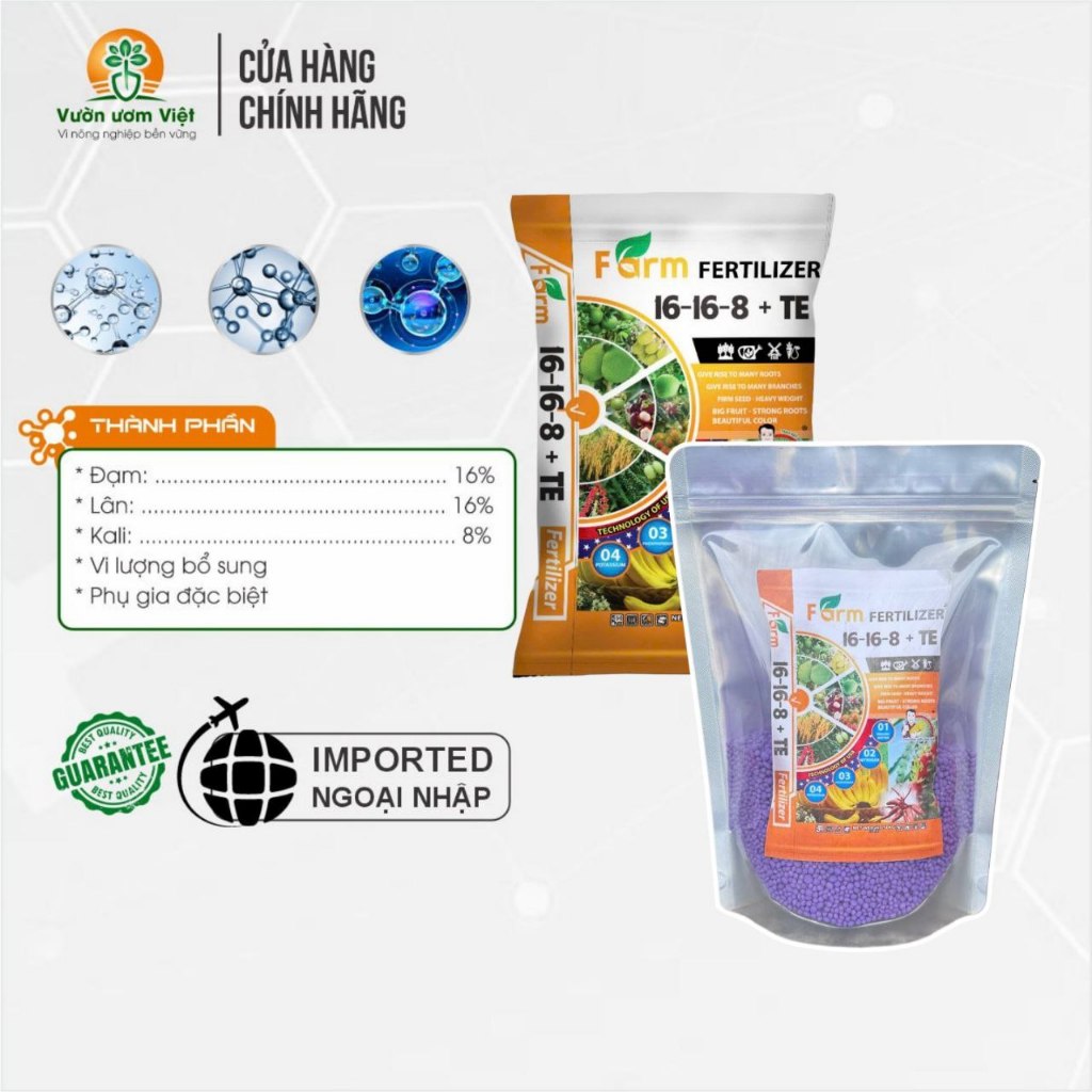 Phân bón 16-16-8 + TE hạt tím - sinh trưởng nhanh, đọt mập xanh dày, hạn chế vàng lá, xanh cây - 1Kg