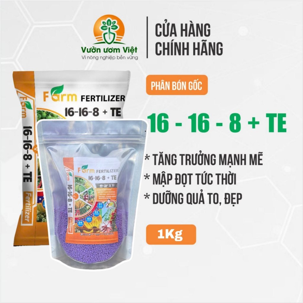 Phân bón 16-16-8 + TE hạt tím - sinh trưởng nhanh, đọt mập xanh dày, hạn chế vàng lá, xanh cây - 1Kg
