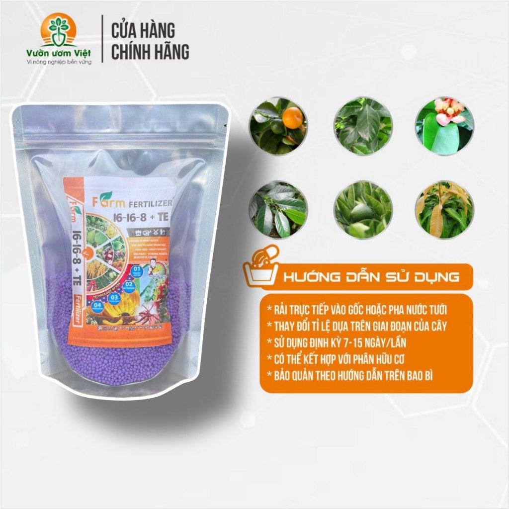 Phân bón 16-16-8 + TE hạt tím - sinh trưởng nhanh, đọt mập xanh dày, hạn chế vàng lá, xanh cây - 1Kg