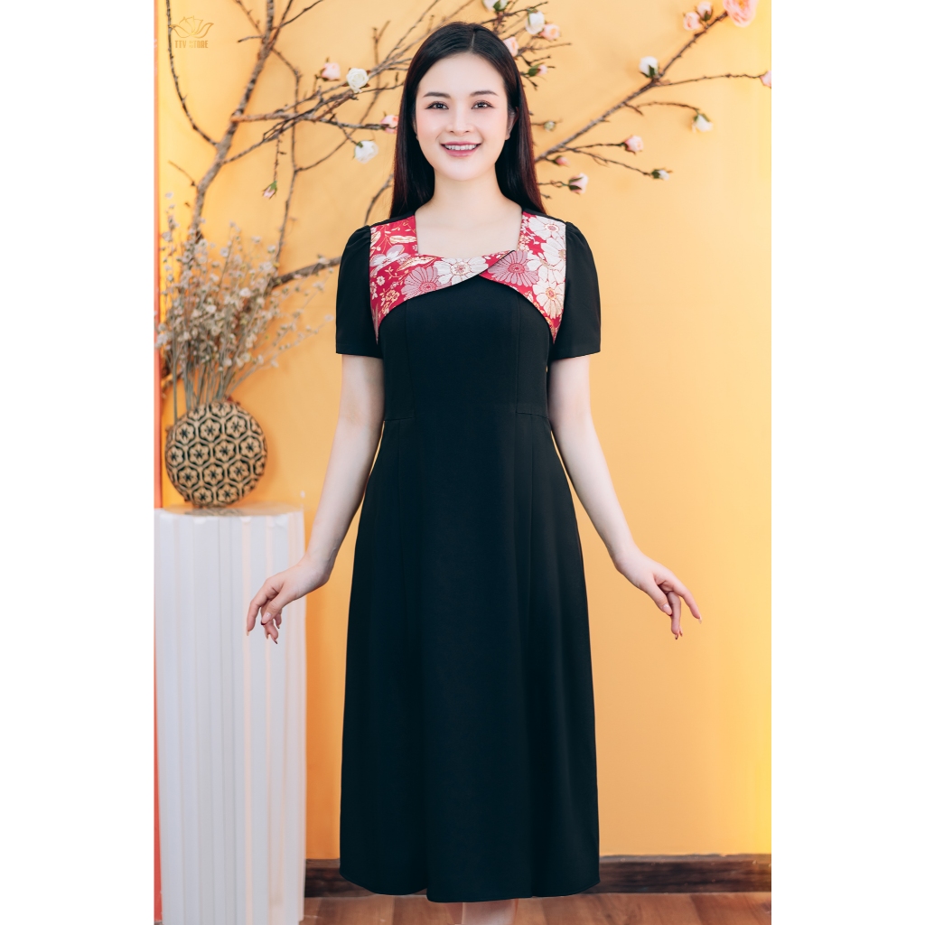 Ảnh Đầm xòe trung niên cho mẹ - Cổ vuông tim tay ngắn - Màu Đen - TTV Store thời trang nữ TTV1824 2