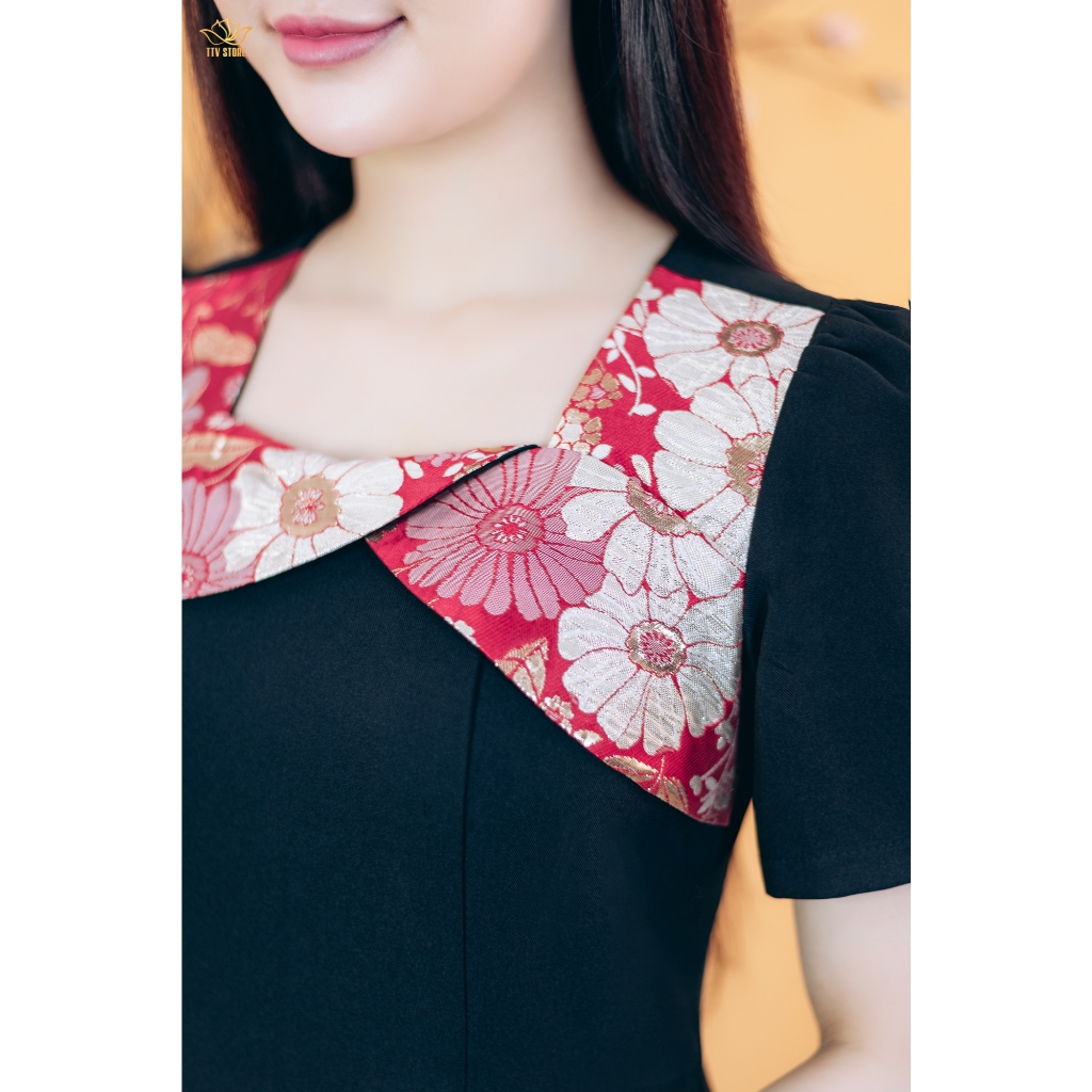 Ảnh Đầm xòe trung niên cho mẹ - Cổ vuông tim tay ngắn - Màu Đen - TTV Store thời trang nữ TTV1824 3