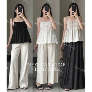 BOTUTO - Áo Kiểu 2 Dây Cột Nơ Dáng Baby Doll Nhún Ngực Freesize Chất Linen Bột Dễ Thương