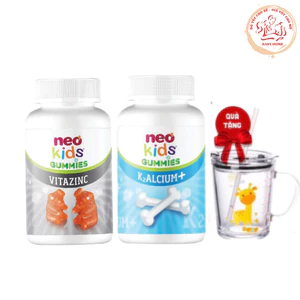 COMBO Gummies canxi vị sữa chua và Gummies Kẽm Hữu cơ con gấu Neokids Viên nhai Hộp 60 viên + quà