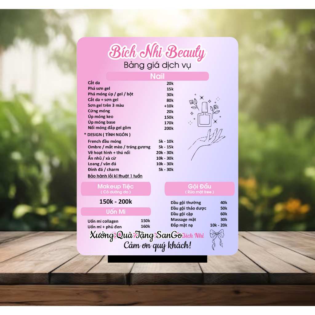 Menu Mica tiệm nail, Spa, Salon… in theo yêu cầu- Xưởng quà tặng Sango