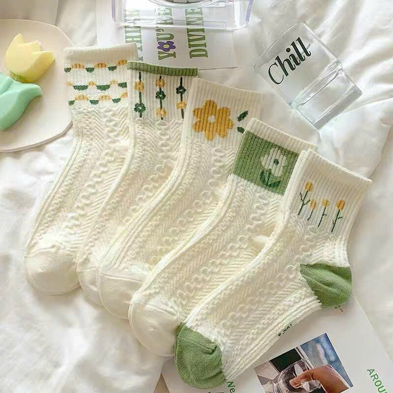 Sét 5 đôi tất vặn thừng hoa xanh lá cổ cao