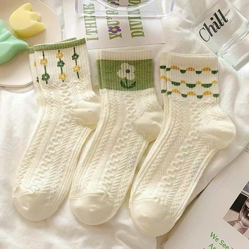 Sét 5 đôi tất vặn thừng hoa xanh lá cổ cao