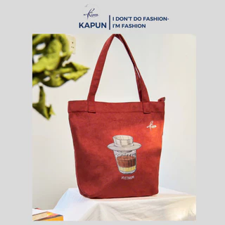 Túi xách nữ đi du lịch, in hình ly coffee chất liệu da lộn không thấm nước có khoá kéo, có túi trong, tiện dụng