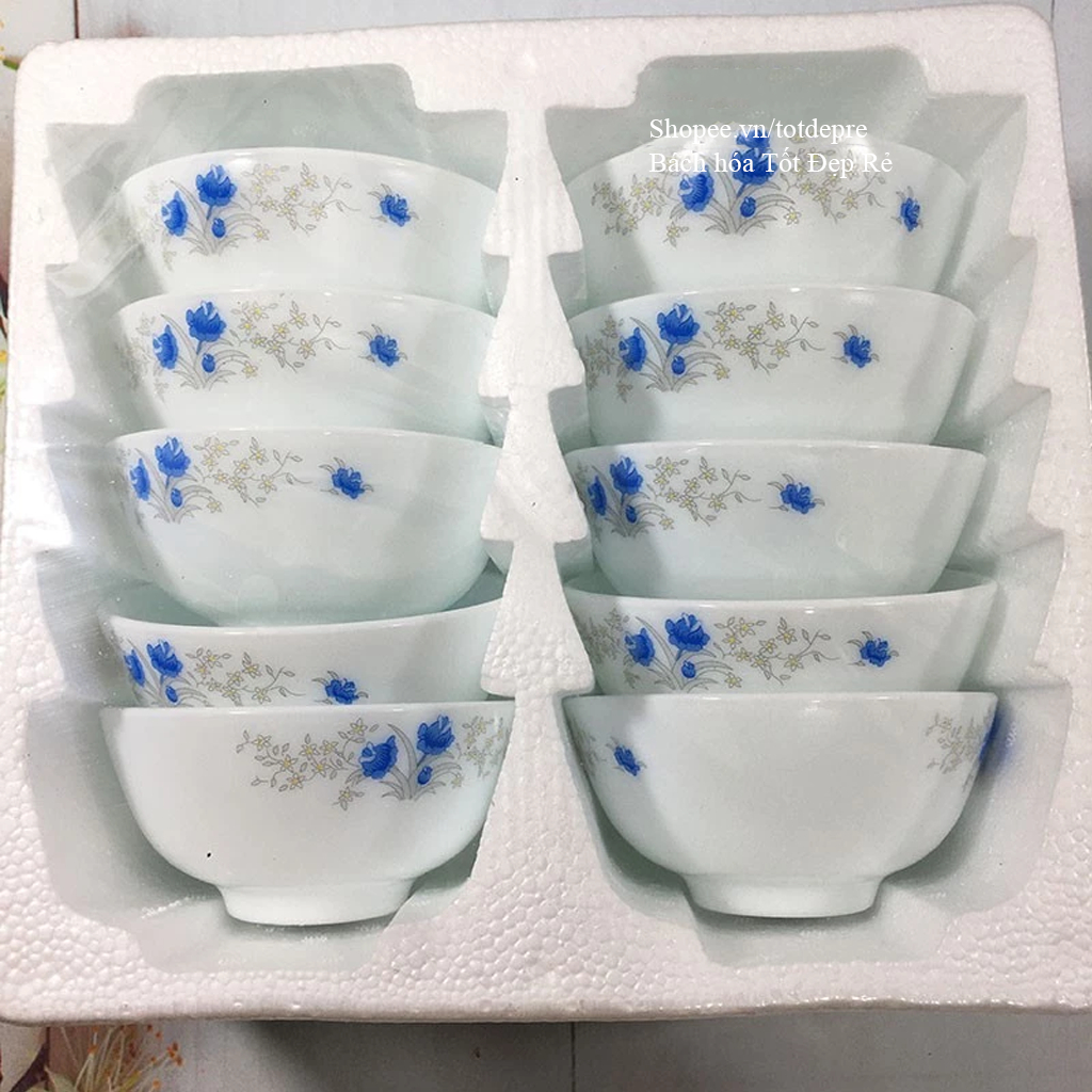 Set đĩa bát ăn cơn họa tiết 4D  - Bộ 10 bát ăn cơm sứ trắng ngọc hoa đẹp sang trọng- Chén sứ ăn cơm