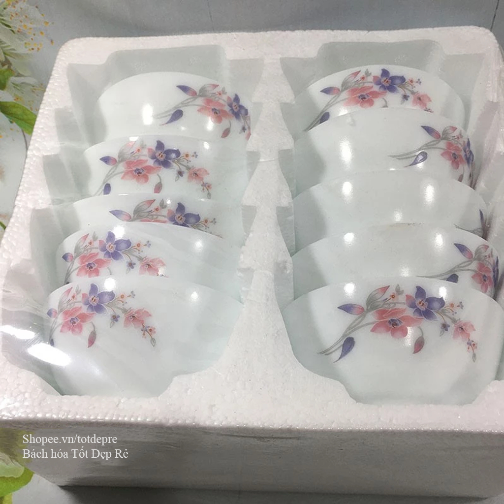 Set đĩa bát ăn cơn họa tiết 4D  - Bộ 10 bát ăn cơm sứ trắng ngọc hoa đẹp sang trọng- Chén sứ ăn cơm