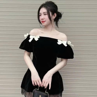 Áo trễ Vai Nhung Tay Bồng CÀi Nơ Tiểu Thư Xinh đẹp