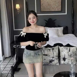 Áo trễ Vai Nhung Tay Bồng CÀi Nơ Tiểu Thư Xinh đẹp