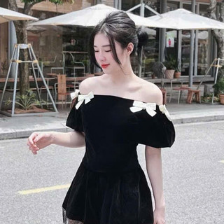 Áo trễ Vai Nhung Tay Bồng CÀi Nơ Tiểu Thư Xinh đẹp
