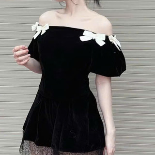 Áo trễ Vai Nhung Tay Bồng CÀi Nơ Tiểu Thư Xinh đẹp