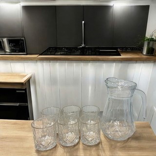 Bộ Bình Ly Thủy Tinh Họa Tiết Hoa Pha Lê Decor Trang Trí Sang Trọng , Bộ Bình Nước 6 Cốc Thủy Tinh 7408.