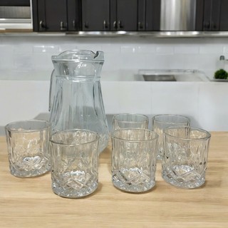 Bộ Bình Ly Thủy Tinh Họa Tiết Hoa Pha Lê Decor Trang Trí Sang Trọng , Bộ Bình Nước 6 Cốc Thủy Tinh 7408.