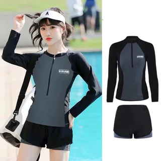 Bikini đồ bơi 2 mảnh tay dài có khoá kéo quần đùi 2 lớp kín đáo, phong cách thể thao hottrent cao cấp