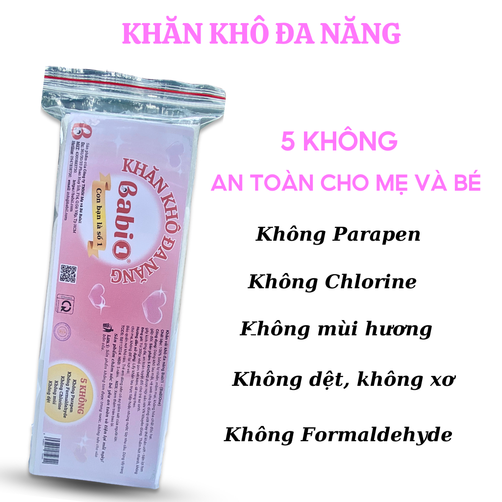 Combo 5 Gói Khăn Khô Babi1 Đa Năng Vải Không Dệt An Toàn Da Nhạy Cảm, Chuẩn 5 Không Cho Mẹ Và Bé